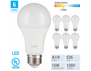 (6 Pack) KOR K22607 - LED - 15 Watt (100W Equivalent) - 120 Volt - A19 - Medium (E26) - Non-Dimmable - 1500 Lumens - UL Listed - 2700 Kelvin (Warm White)