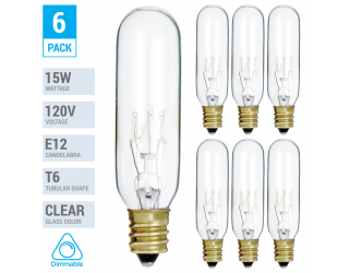 (Pack of 6) 15T6/CL - 15 Watt T6 Clear Tubular - 120 Volt - Candelabra (E12) Base - Incandescent Light Bulb