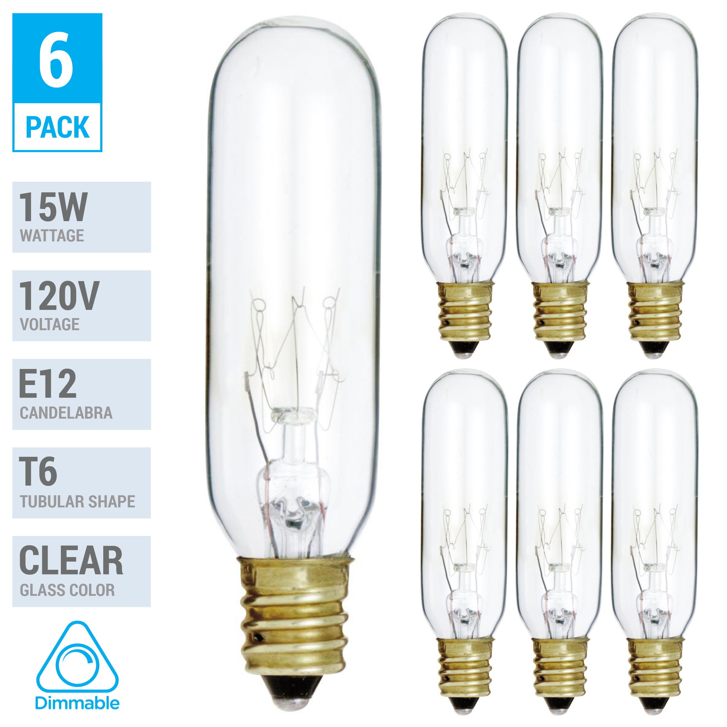Pack of 6) 15T6/CL - 15 Watt T6 Clear Tubular - 120 Volt - Candelabra (E12)  Base - Incandescent Light Bulb - Light Bulbs